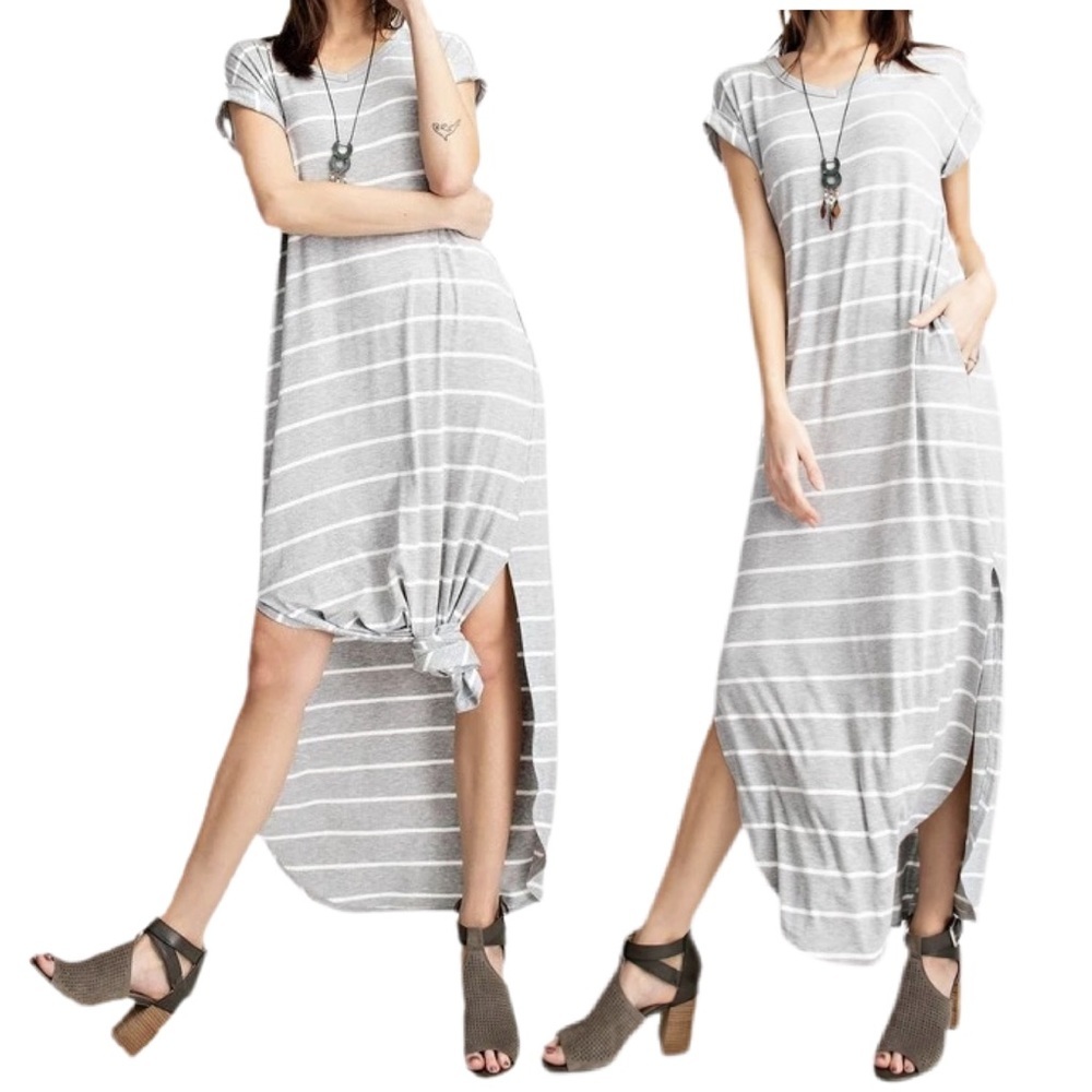 Short Sleeves Side Slit V-Neck Maxi Dress pockets